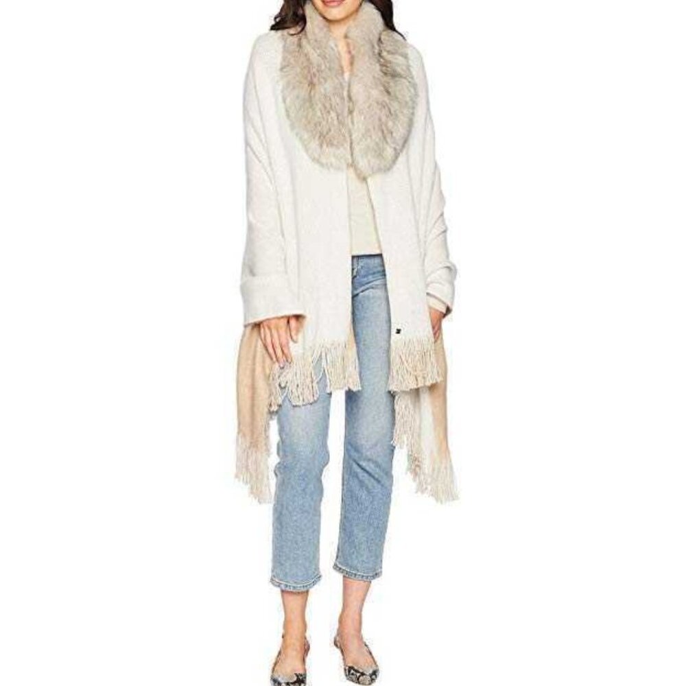 NEW Lauren Ralph Lauren Reversible Ruana Poncho Shawl Detachable Faux Fur Collar - Picture 2 of 8